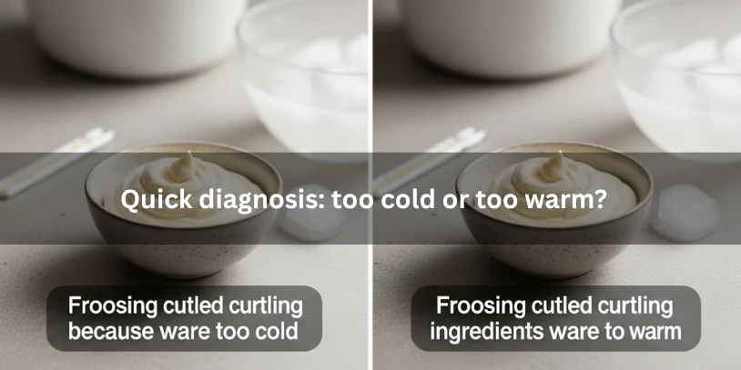 Two bowls of frosting curdled from too-cold versus too-warm ingredients, illustrating quick diagnosis under soft natural lighting.-how to fix curdled frosting 