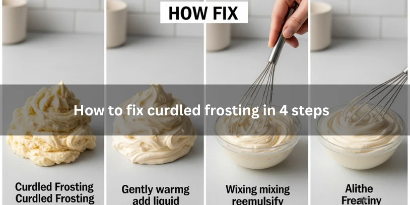 Four-step visual showing curdled frosting, warming/adding liquid, whisking to re-emulsify, and final smooth creamy frosting under soft natural lighting.-how to fix curdled frosting 