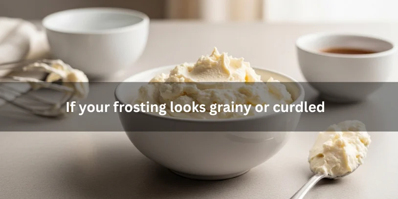 Bowl of frosting with lumps and uneven texture, illustrating frosting that looks grainy or curdled under soft natural lighting.-how to fix curdled frosting 