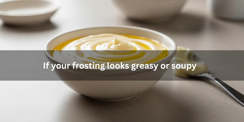 Bowl of frosting with shiny, oily, and slightly runny texture, illustrating frosting that looks greasy or soupy under soft natural lighting.-how to fix curdled frosting 