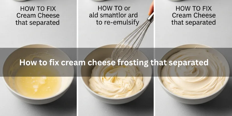 Three-step visual showing separated cream cheese frosting, fixing it by whisking or adding cream, and the final smooth, creamy frosting under soft natural lighting.-how to fix curdled frosting 