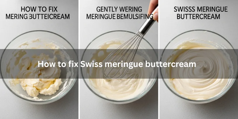 Three-step visual showing broken Swiss meringue buttercream, fixing it by warming and whisking, and the final smooth glossy buttercream under soft natural lighting.-How to Fix Curdled Frosting