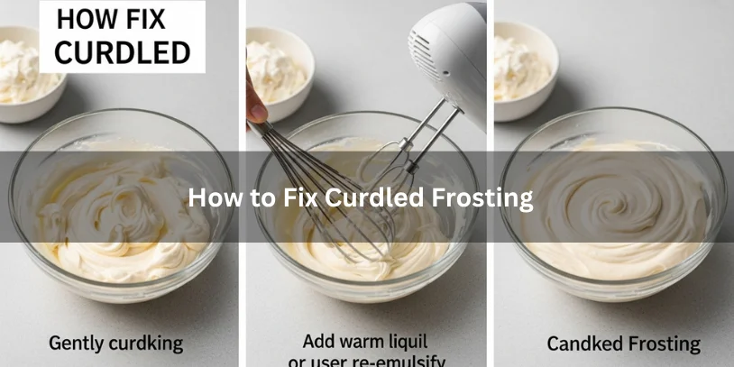 Three-step visual showing curdled frosting, fixing it by whisking or adding liquid, and the final smooth creamy frosting under soft natural lighting.-how to fix curdled frosting