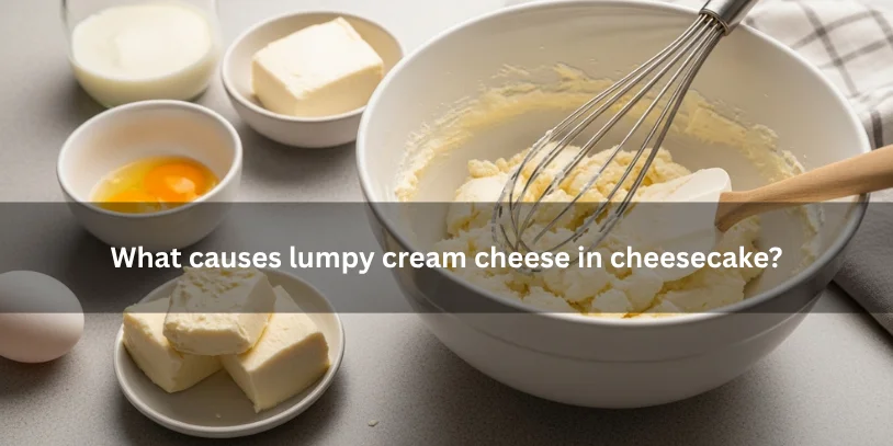 Cream cheese batter with visible lumps beside softened and cold cream cheese ingredients, illustrating common causes of lumpy cheesecake filling under soft natural lighting.-how to fix lumpy cream cheese for cheesecake 