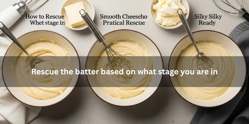 Three bowls of cheesecake batter showing different rescue stages from lumpy to smooth, illustrating how to fix the batter based on the stage under soft natural lighting.-how to fix lumpy cream cheese for cheesecake 