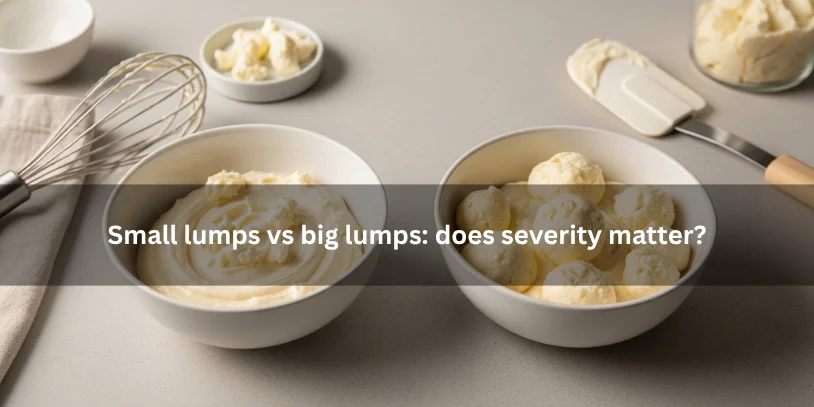 Two bowls of cheesecake batter comparing small lumps and big lumps, illustrating how lump size affects batter texture under soft natural lighting.-how to fix lumpy cream cheese for cheesecake 