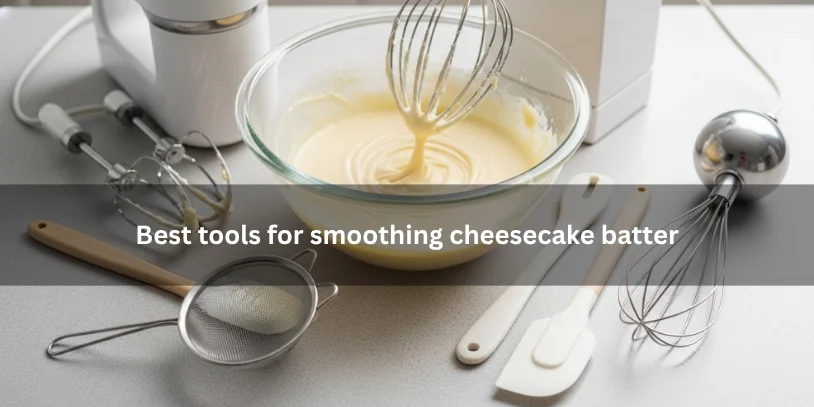 Smooth cheesecake batter in a mixing bowl surrounded by a hand mixer, whisk, spatula, and sieve, illustrating the best tools for smoothing batter under soft natural lighting.-how to fix lumpy cream cheese for cheesecake 