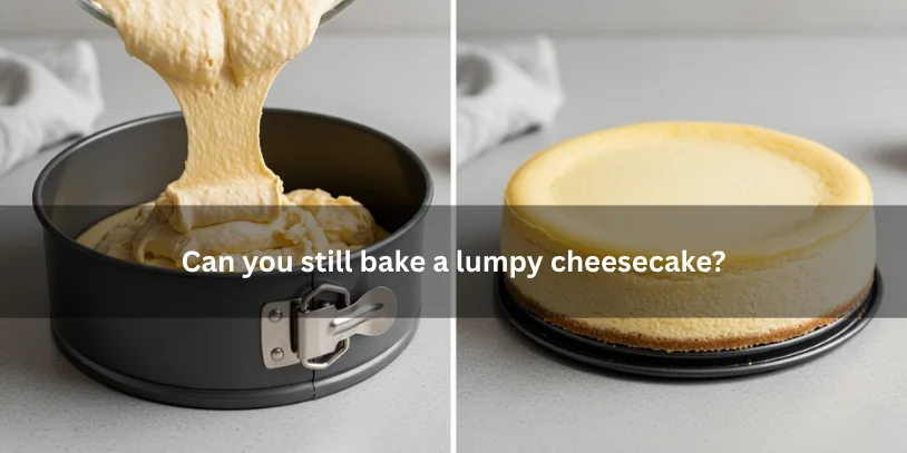 Lumpy cheesecake batter beside a finished baked cheesecake with a smooth top, illustrating that slightly lumpy batter can still be baked under soft natural lighting.-how to fix lumpy cream cheese for cheesecake 