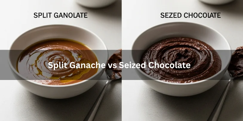 How to Fix a Split Ganache: Best Rescue Methods for Oily, Grainy, or Broken Ganache Side-by-side bowls of split ganache and seized chocolate, showing oily separation versus grainy clumped texture under soft natural lighting.-how to fix a split ganach