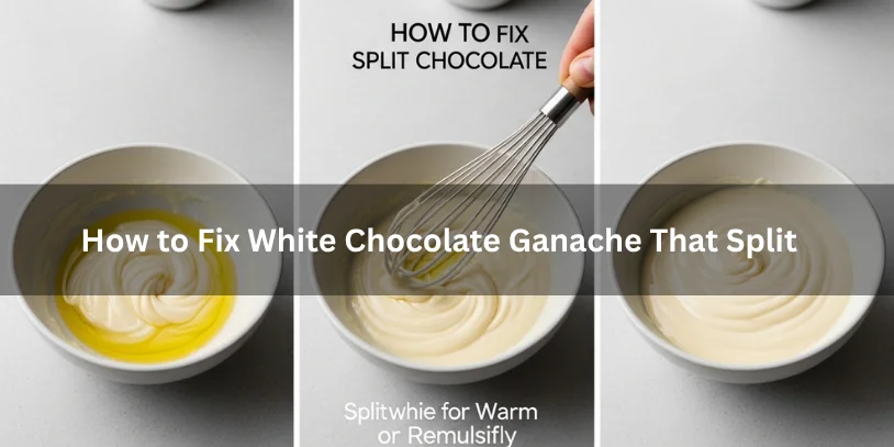 How to Fix a Split Ganache: Best Rescue Methods for Oily, Grainy, or Broken Ganache Three-step process showing split white chocolate ganache, fixing it by whisking or adding liquid, and the final smooth glossy result under soft natural lighting.-how to fix a split ganach