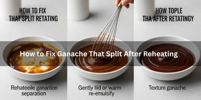 How to Fix a Split Ganache: Best Rescue Methods for Oily, Grainy, or Broken Ganache Three-step process showing reheated split ganache, fixing it by whisking or adding liquid, and the final smooth glossy ganache under soft natural lighting.-how to fix a split ganach