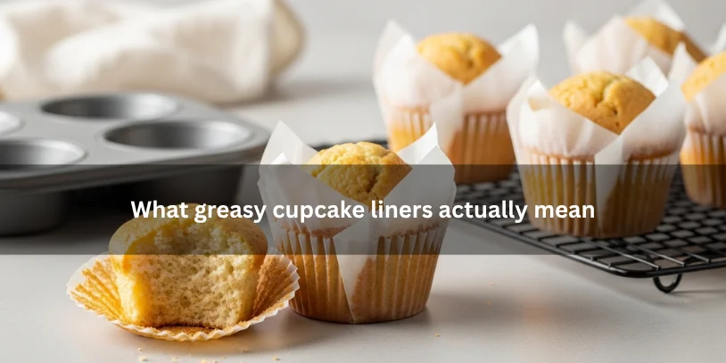 Freshly baked cupcakes with paper liners showing translucent grease spots, illustrating what greasy cupcake liners mean under soft natural lighting.-how to prevent greasy cupcake liners 
