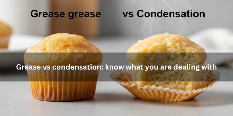 Two cupcakes comparing greasy liners and condensation-softened liners, illustrating the difference between oil spots and moisture under soft natural lighting.-how to prevent greasy cupcake liners 