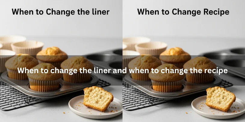 Two batches of cupcakes comparing greasy liners caused by liner type versus recipe issues, illustrating when to change the liner and when to change the recipe under soft natural lighting.-how to prevent greasy cupcake liners 