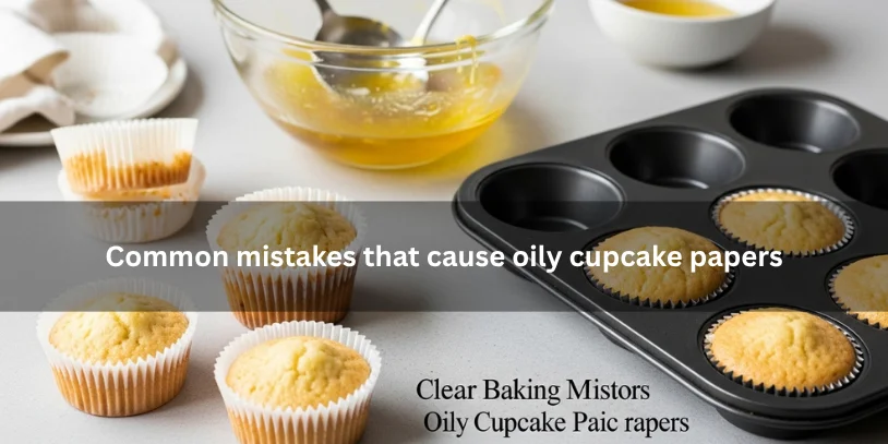 Freshly baked cupcakes with oily paper liners beside overfilled batter and baking clues, illustrating common mistakes that cause greasy cupcake papers under soft natural lighting.-how to prevent greasy cupcake liners 