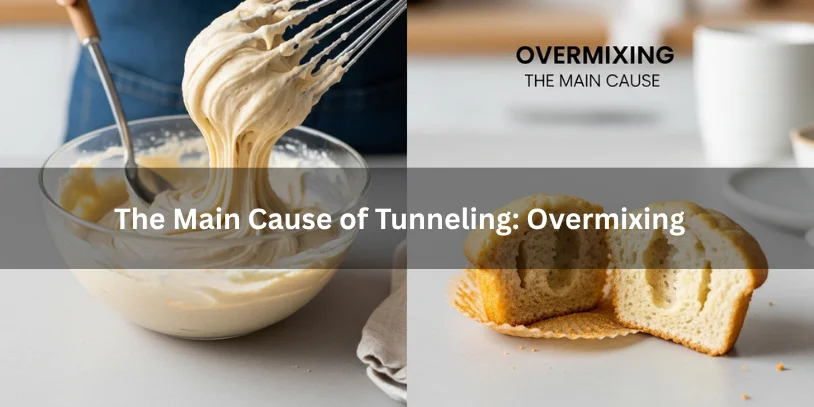 What Causes Tunneling in Muffins? Why Muffins Get Holes, Peaks, and Tough Crumb Overmixed muffin batter with thick texture next to a muffin showing long tunnels inside, demonstrating how overmixing causes tunneling under soft natural lighting.-what causes tunneling in muffins