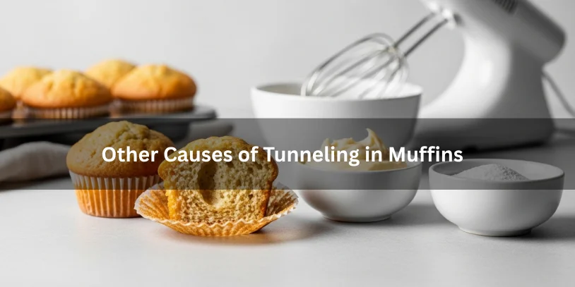 What Causes Tunneling in Muffins? Why Muffins Get Holes, Peaks, and Tough Crumb Realistic, high-quality food photography illustrating other causes of tunneling in muffins—muffins cut in half showing uneven air tunnels alongside visual cues like incorrect mixing tools, uneven batter texture, and improper ingredient ratios in small bowls nearby, neutral kitchen countertop, soft natural lighting, shallow depth of field emphasizing crumb defects, clean and minimal styling, educational and cause-focused mood, no people, no text overlay, blog-friendly composition optimized for search engines and AI discovery, 16:9 aspect ratio.-what causes tunneling in muffins