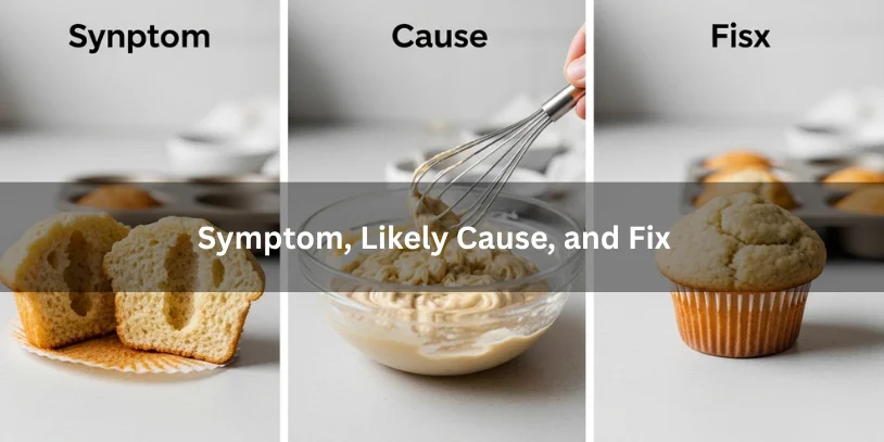 What Causes Tunneling in Muffins? Why Muffins Get Holes, Peaks, and Tough Crumb Three-step visual showing muffin tunneling symptom, overmixed batter as the cause, and properly baked muffin as the fix under soft natural lighting.-what causes tunneling in muffins