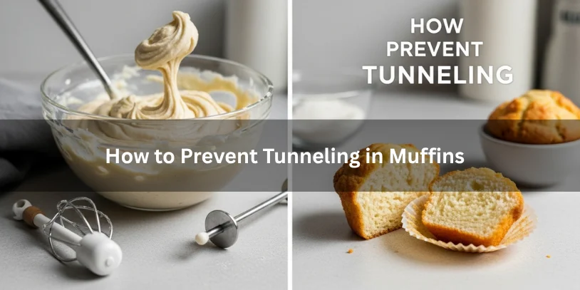 What Causes Tunneling in Muffins? Why Muffins Get Holes, Peaks, and Tough Crumb Gently mixed muffin batter and a muffin with even crumb, illustrating how to prevent tunneling under soft natural lighting.-what causes tunneling in muffins