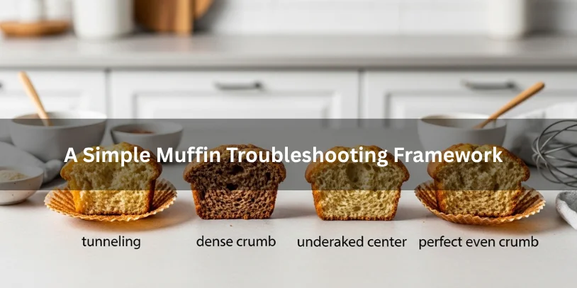 What Causes Tunneling in Muffins? Why Muffins Get Holes, Peaks, and Tough Crumb Muffins with different textures including tunneling, dense crumb, underbaked, and perfect crumb, illustrating a simple muffin troubleshooting framework under soft natural lighting.-what causes tunneling in muffins