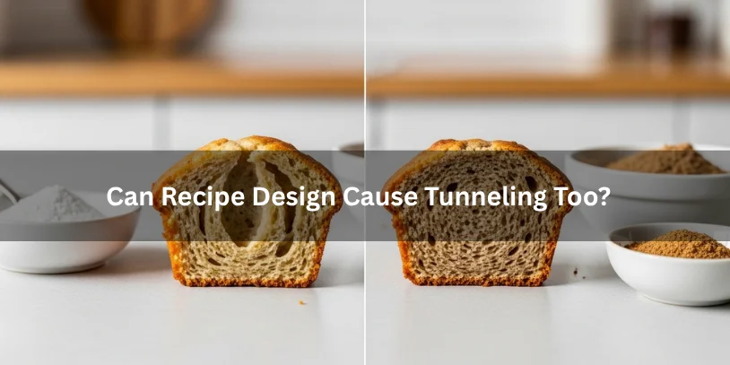 What Causes Tunneling in Muffins? Why Muffins Get Holes, Peaks, and Tough Crumb Two muffins cut in half showing tunneling versus even crumb, with ingredient variations nearby to illustrate how recipe design can affect texture under soft natural lighting.-what causes tunneling in muffins