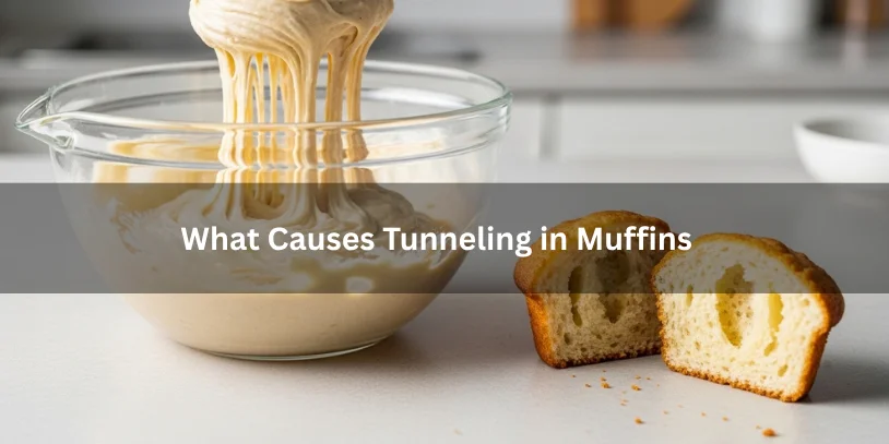 What Causes Tunneling in Muffins? Why Muffins Get Holes, Peaks, and Tough Crumb Overmixed muffin batter next to a cut muffin showing long air tunnels, illustrating the cause of tunneling under soft natural lighting.-what causes tunneling in muffins