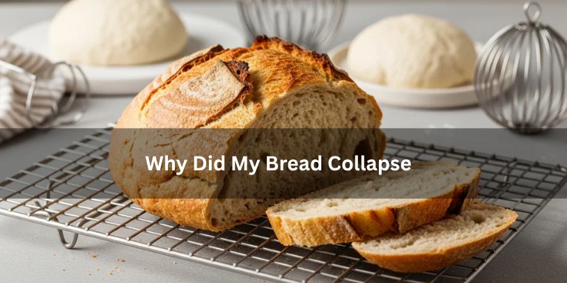 Why Did My Bread Collapse? 12 Real Causes, Easy Fixes, and How to Stop It Happening Again Sunken homemade bread loaf with a collapsed center and dense crumb on a cooling rack, illustrating common bread collapse issues under soft natural lighting.-why did my bread collapse
