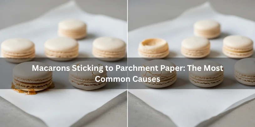 Macaron shells on parchment paper showing sticky bottoms, uneven release, and wrinkled parchment, illustrating the most common causes of sticking.-why do my macarons stick to the parchment paper 
