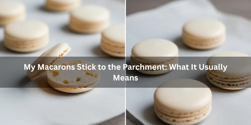 Baked macarons on parchment paper with one shell showing a sticky bottom beside cleanly released shells, illustrating what sticking usually means.-why do my macarons stick to the parchment paper 