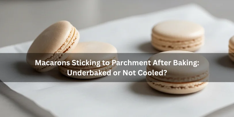 Baked macarons on parchment paper with one shell showing a sticky bottom beside cleanly released shells, illustrating what sticking usually means.-why do my macarons stick to the parchment paper -why do my macarons stick to the parchment paper 