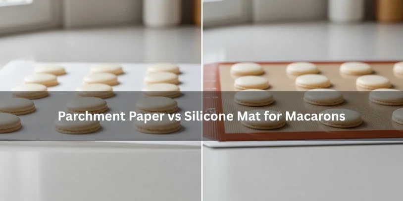 Macaron shells baked on parchment paper beside macarons baked on a silicone mat, showing a clear side-by-side comparison of both surfaces.-why do my macarons stick to the parchment paper 