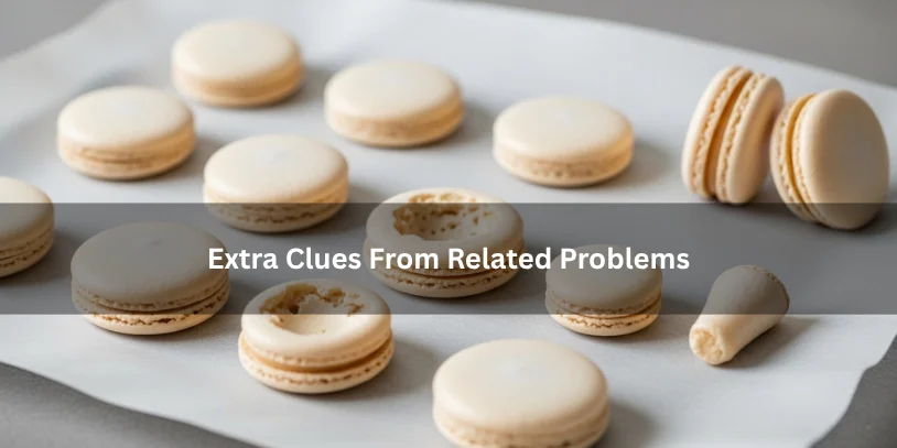 Macaron shells on parchment paper showing sticky bottoms, hollow centers, lopsided shapes, and weak feet, illustrating extra clues from related problems.-why do my macarons stick to the parchment paper 