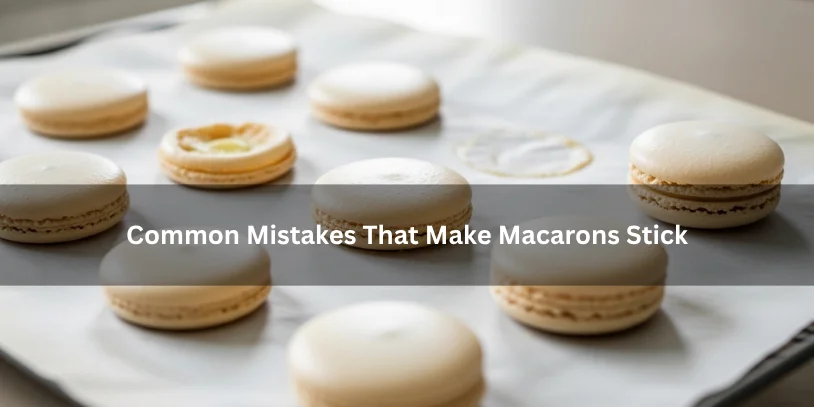 Macaron shells on parchment paper showing sticky bottoms, uneven release, and wrinkled parchment, illustrating common mistakes that make macarons stick.-why do my macarons stick to the parchment paper 
