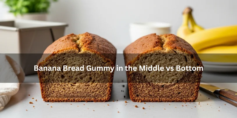 Two sliced banana bread loaves comparing gummy texture in the middle versus the bottom under soft natural lighting.-why is my banana bread gummy 