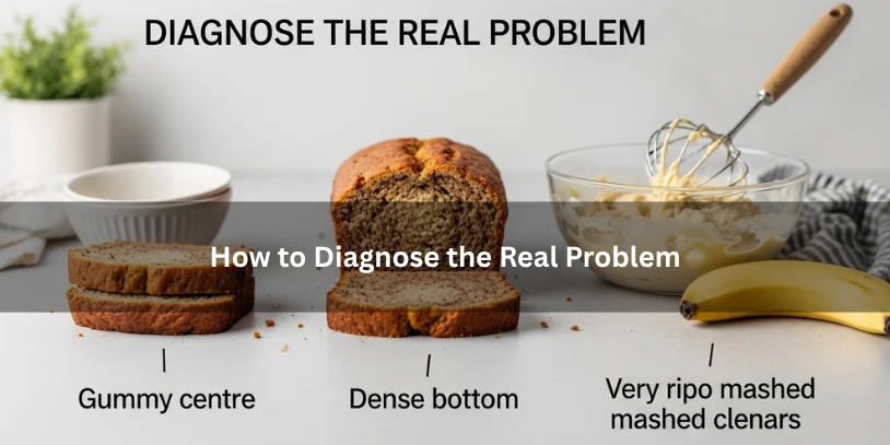 Sliced banana bread with a gummy center beside baking clues like thick batter and ripe bananas, illustrating how to diagnose the real problem under soft natural lighting.-why is my banana bread gummy 