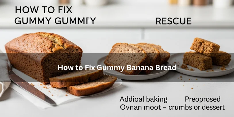 Partially sliced banana bread with a dense moist center beside practical rescue options, illustrating how to fix gummy banana bread under soft natural lighting.-why is my banana bread gummy 