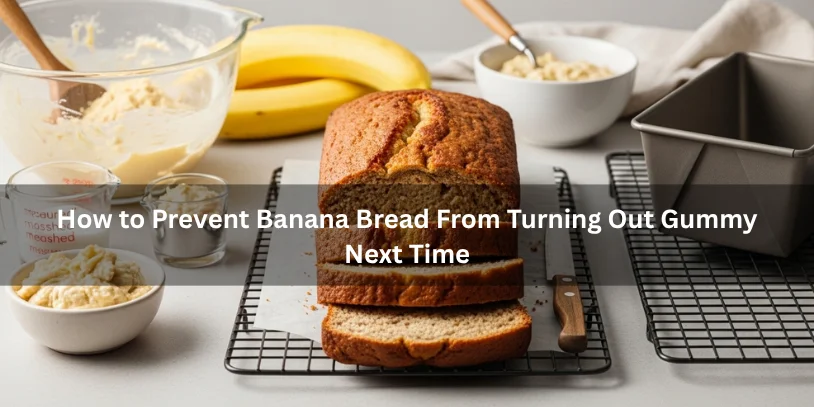 -Evenly baked banana bread with a golden crust and tender crumb beside measured ingredients, illustrating how to prevent gummy banana bread next time under soft natural lighting.why is my banana bread gummy 