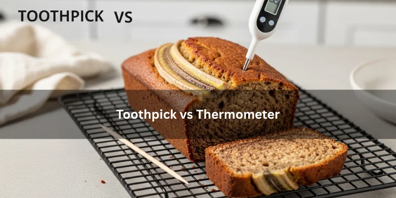Freshly baked banana bread with a toothpick and digital thermometer beside it, illustrating two doneness testing methods under soft natural lighting.-why is my banana bread gummy 