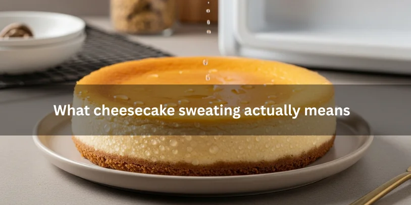 Why Is My Cheesecake Sweating? Causes, Fixes, and How to Prevent Condensation Cheesecake with visible condensation droplets on the surface, explaining what cheesecake sweating means under soft natural lighting.-why is my cheesecake sweating