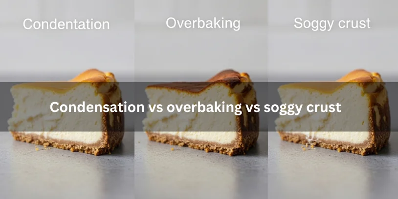 Why Is My Cheesecake Sweating? Causes, Fixes, and How to Prevent Condensation Three cheesecake slices showing condensation, overbaking cracks, and soggy crust, highlighting texture differences under soft natural lighting.-why is my cheesecake sweating