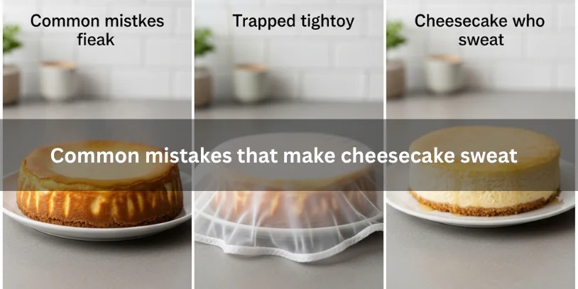 Why Is My Cheesecake Sweating? Causes, Fixes, and How to Prevent Condensation Cheesecakes showing condensation from rapid chilling and tight covering, illustrating common mistakes that cause sweating under soft natural lighting.-why is my cheesecake sweating