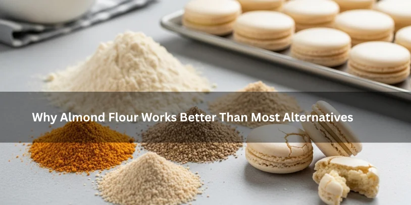 Finely ground almond flour beside alternative dry ingredients and smooth macarons, illustrating why almond flour works better than most alternatives under soft natural lighting.-almond meal substitute for macarons 