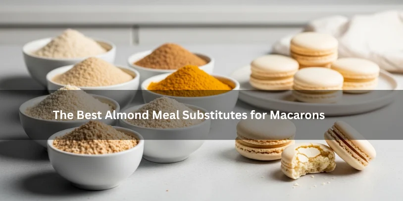 Assorted finely ground almond meal substitutes displayed beside delicate sandwich cookies, illustrating the best almond meal substitutes for macarons under soft natural lighting.-almond meal substitute for macarons 