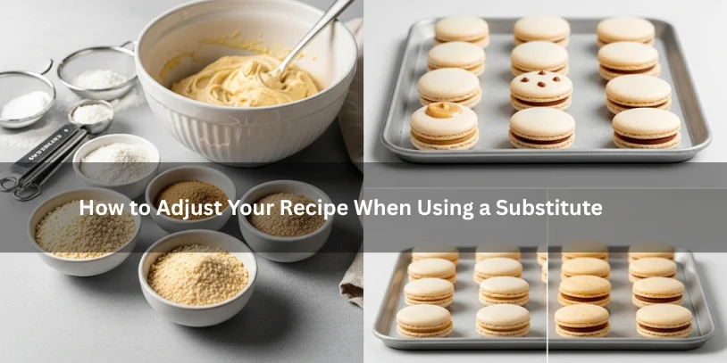 Macaron batter beside alternative finely ground ingredients and measuring tools, illustrating how to adjust a macaron recipe when using an almond meal substitute under soft natural lighting.-almond meal substitute for macarons 