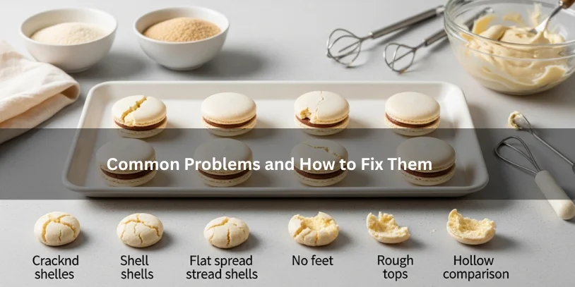 Macaron-style cookies with cracked shells, flat shapes, no feet, and rough tops beside alternative dry ingredients, illustrating common problems and how to fix them under soft natural lighting.-almond meal substitute for macarons 
