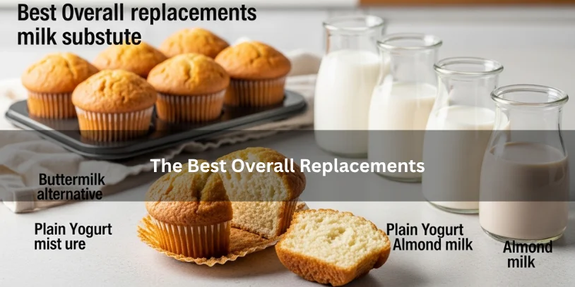 Freshly baked muffins beside oat milk, soy milk, yogurt mixture, and other reliable milk substitutes, illustrating the best overall replacements for baking muffins under soft natural lighting.-best milk substitute for baking muffins 