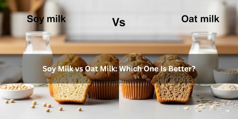 Two batches of freshly baked muffins beside soy milk and oat milk, illustrating a side-by-side comparison of which milk substitute is better under soft natural lighting.-best milk substitute for baking muffins 