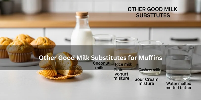Freshly baked muffins beside coconut milk, rice milk, cashew milk, and other milk substitute options, illustrating other good milk substitutes for muffins under soft natural lighting.-best milk substitute for baking muffins 
