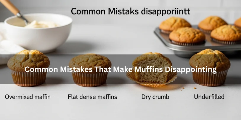 Freshly baked muffins beside common baking mistake clues like dense texture, flat tops, and uneven crumb, illustrating mistakes that make muffins disappointing under soft natural lighting.-best milk substitute for baking muffins 