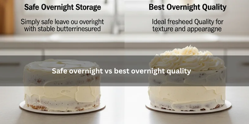Can I Leave Buttercream Out Overnight? Safe Guide for Cakes, Cupcakes, and Buttercream Frosting Two buttercream-frosted cakes comparing safe overnight storage and best overnight quality, illustrating texture and freshness differences under soft natural lighting.-can i leave buttercream out overnight
